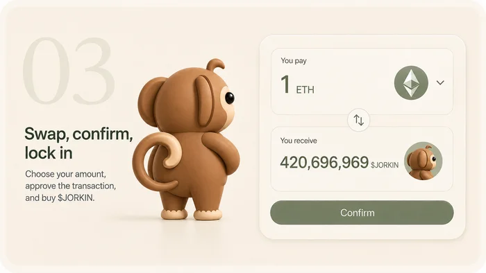 Step 3 — Swap, confirm, lock in: choose your amount, approve the transaction, and buy $JORKIN